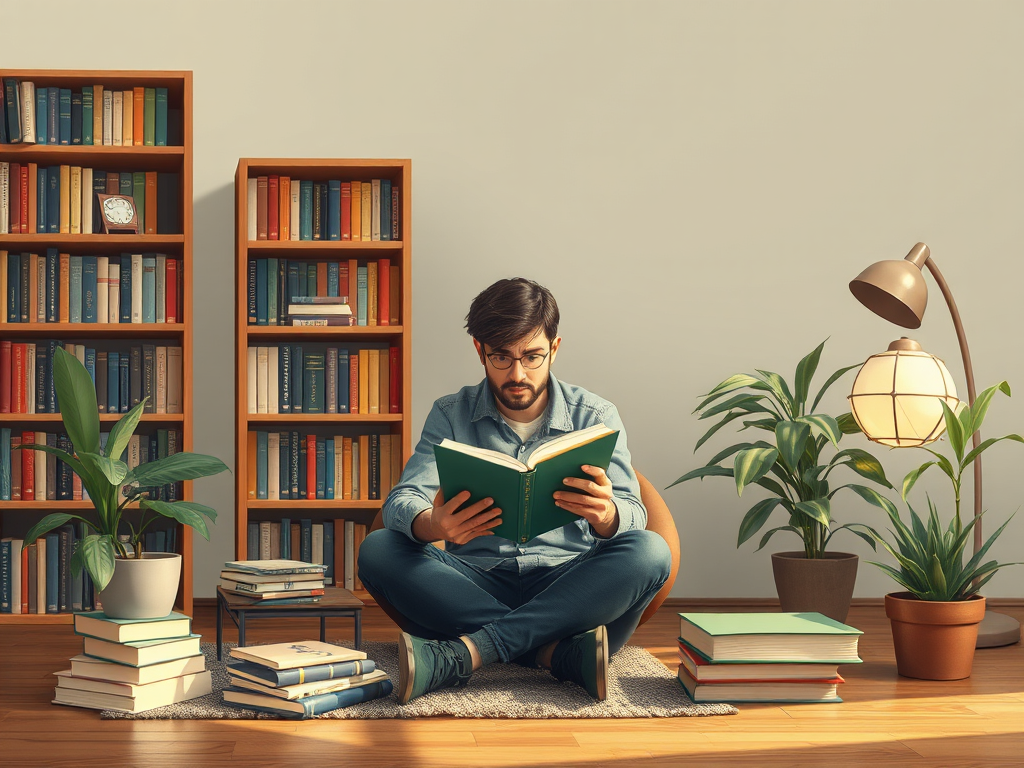 Мужчина читает книгу в уютной комнате с книжными полками и растениями. Атмосфера спокойствия и уединения.