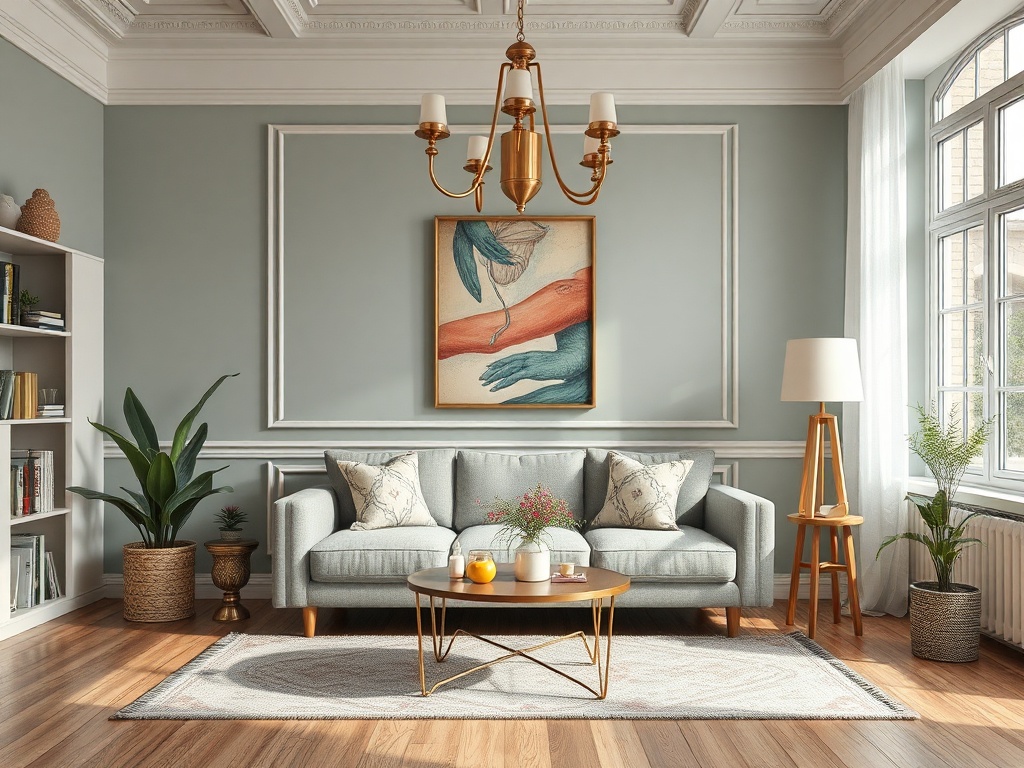 Современная гостиная с уютным диваном, картинами на стенах и зелеными растениями на фоне светлого интерьера.