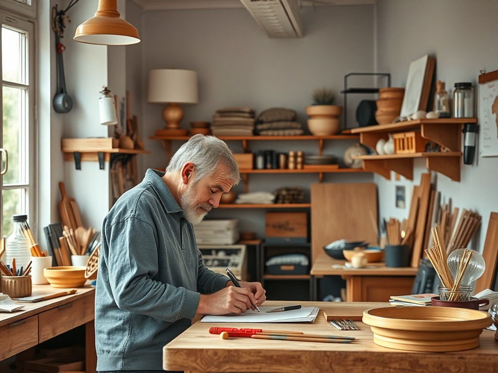 Старший мастер, работающий в своей столярной мастерской, делает заметки на столе среди инструментов и материалов.