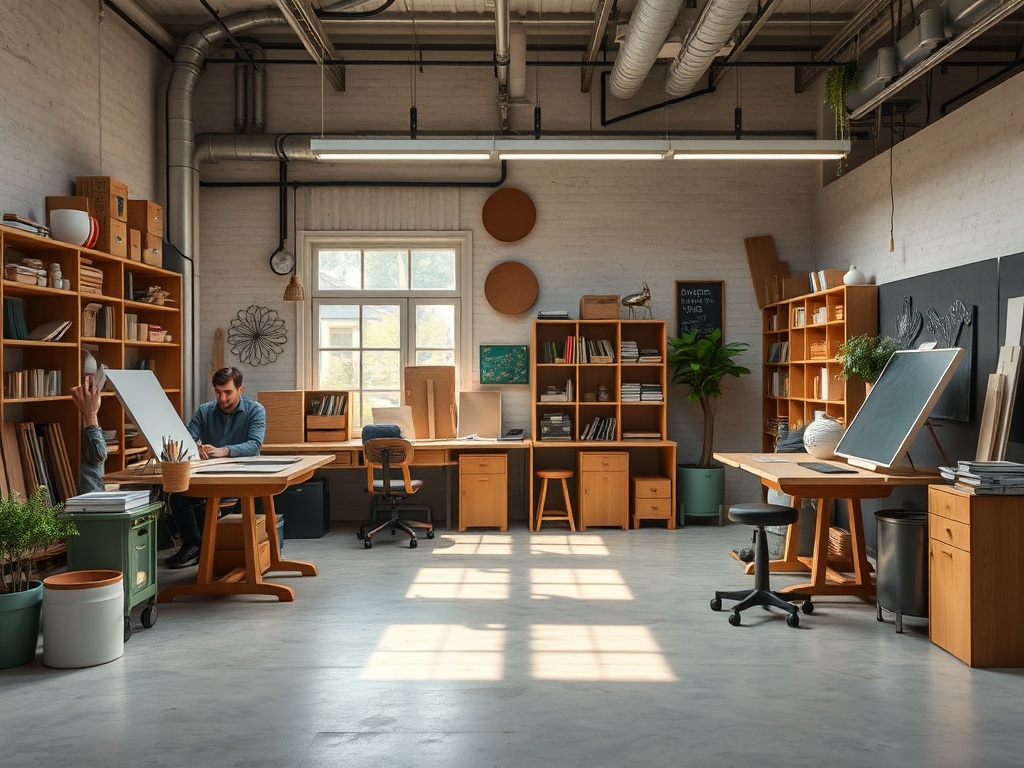 Современная студия с мебелью из дерева, столами, книгами и растениями. Человек работает за столом.