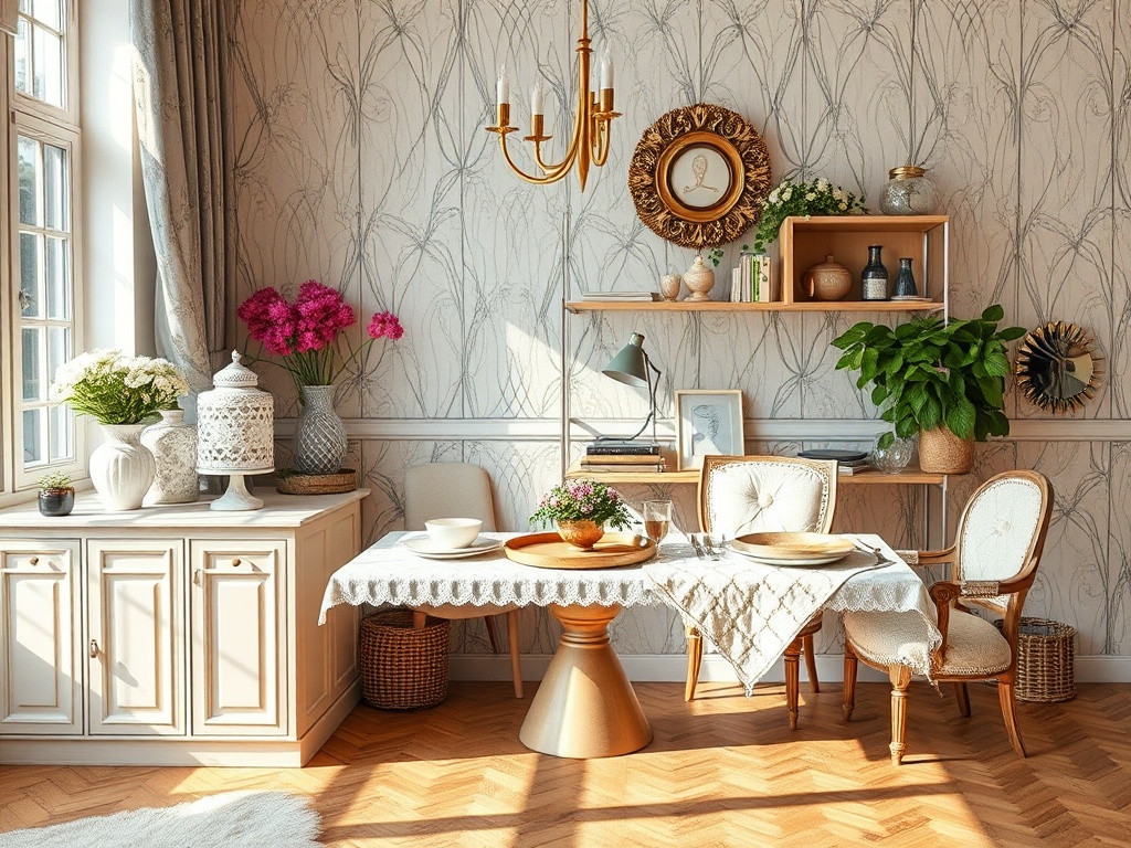 Светлая уютная столовая с деревянным столом, стульями и цветами на стенах и полках.