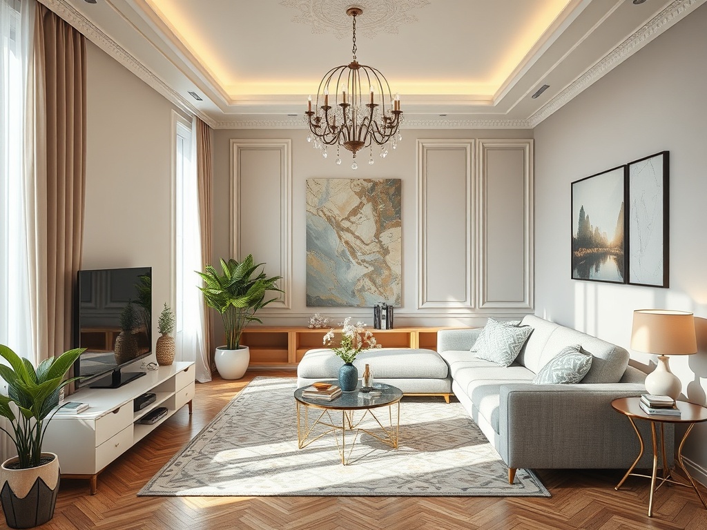 Современная гостиная с уютным диваном, телевизором, растениями и светильником, украшенная картинами на стенах.