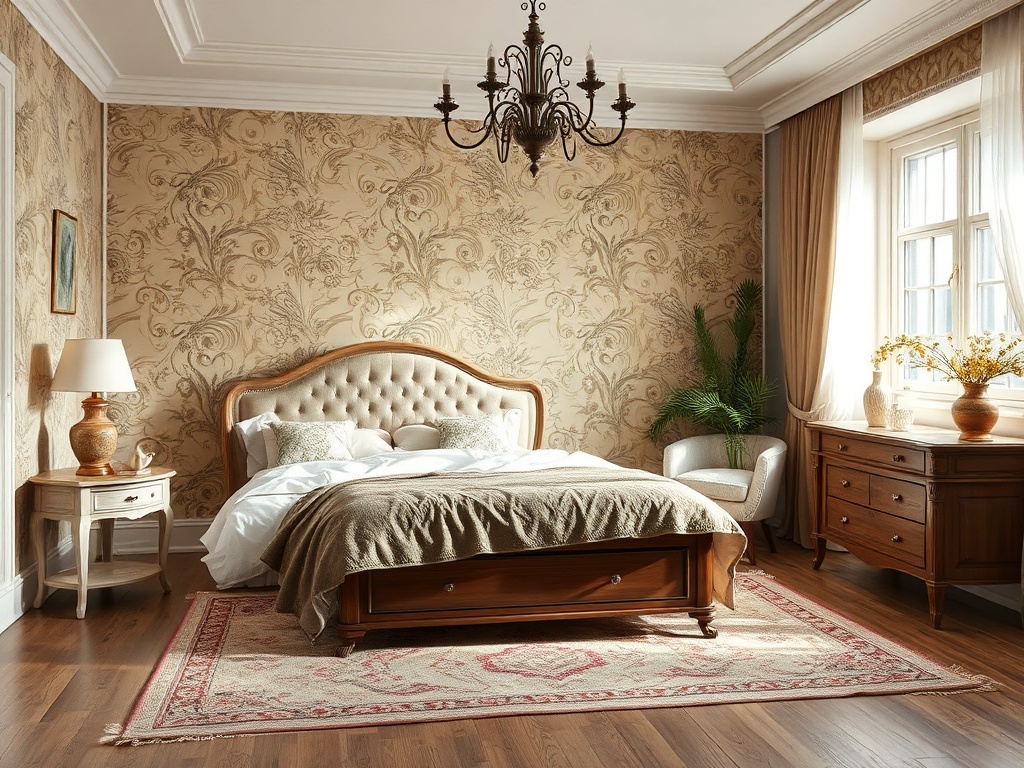 Уютная спальня с круглой кроватью, светлой мебелью и элегантным декором на стенах и окнах.